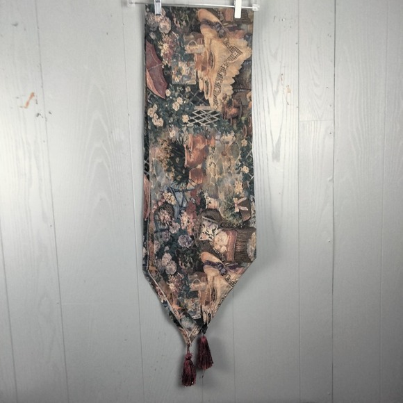 Vintage Tapestry Table Runner Cats in The Garden Tea Time Tassels 80s Romantic - Picture 6 of 15